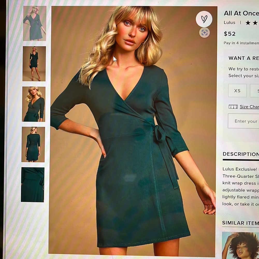 Lulus All At Once forest green three-quarter sleeve, wrap dress size S NWT